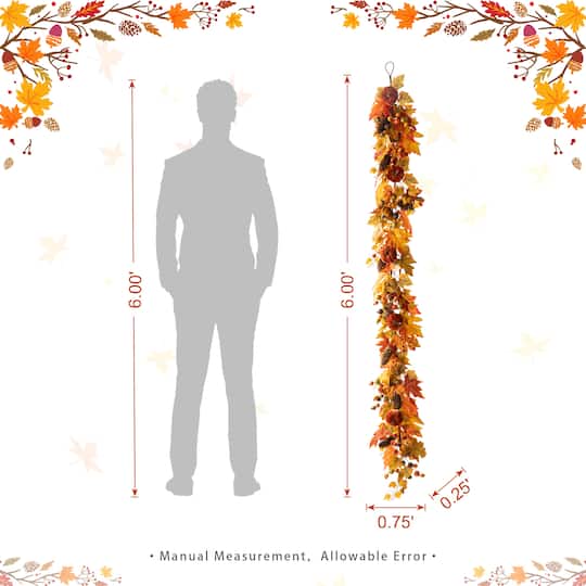 Glitzhome® 6ft Fall Velvet Pumpkin, Pinecone & Berry Garland